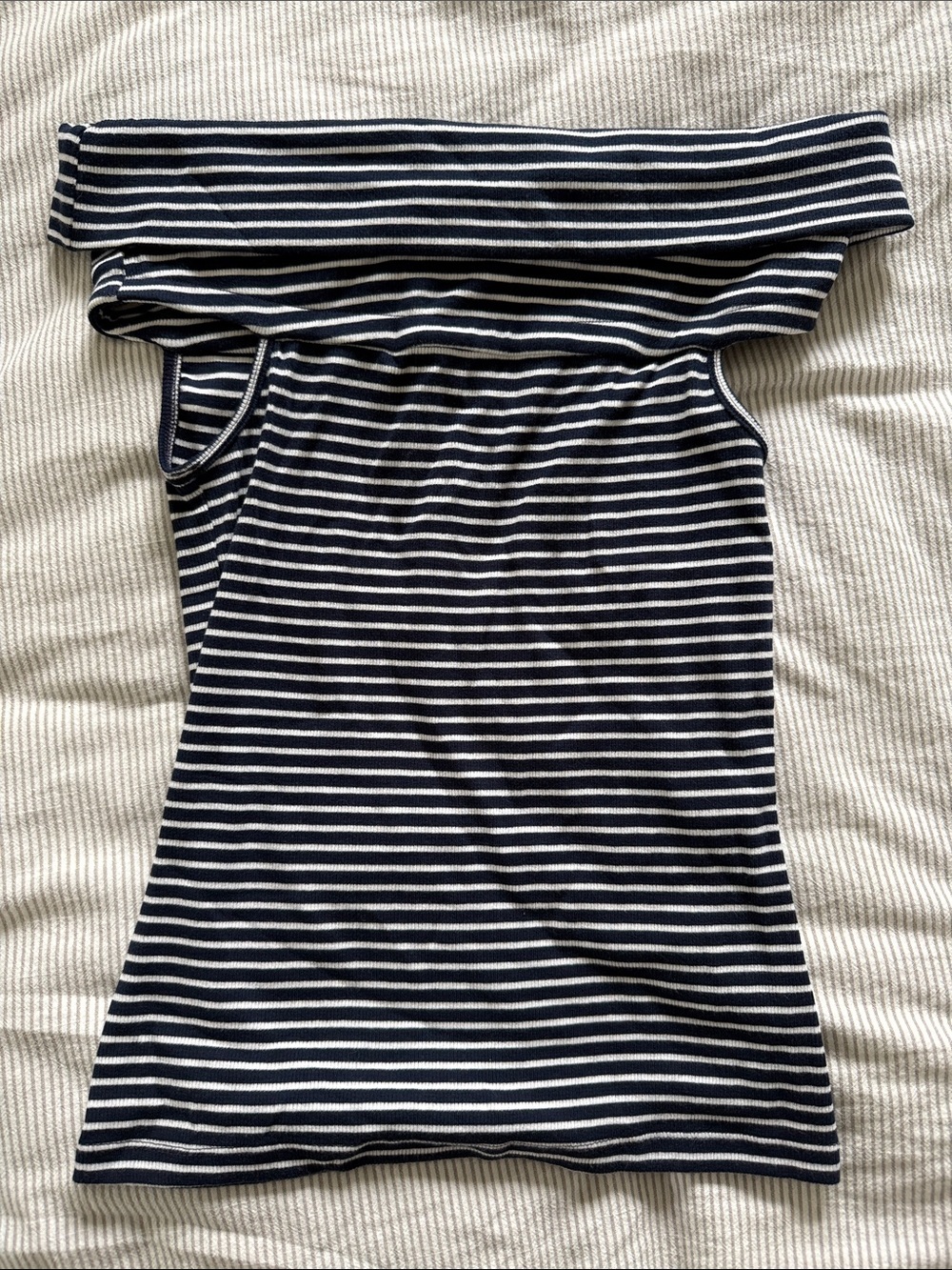 LOFT Navy and White Striped Off-Shoulder Top